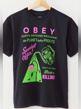 BRAND NEW WITH TAGS. Obey Black Graphic Tee with Neon Pink & Green Print. Size L